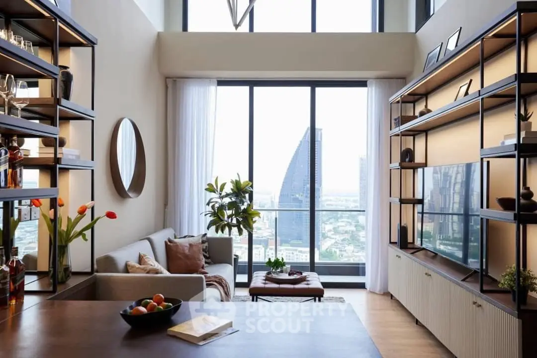 Luxurious living room with stunning city view, modern decor, and ample natural light.
