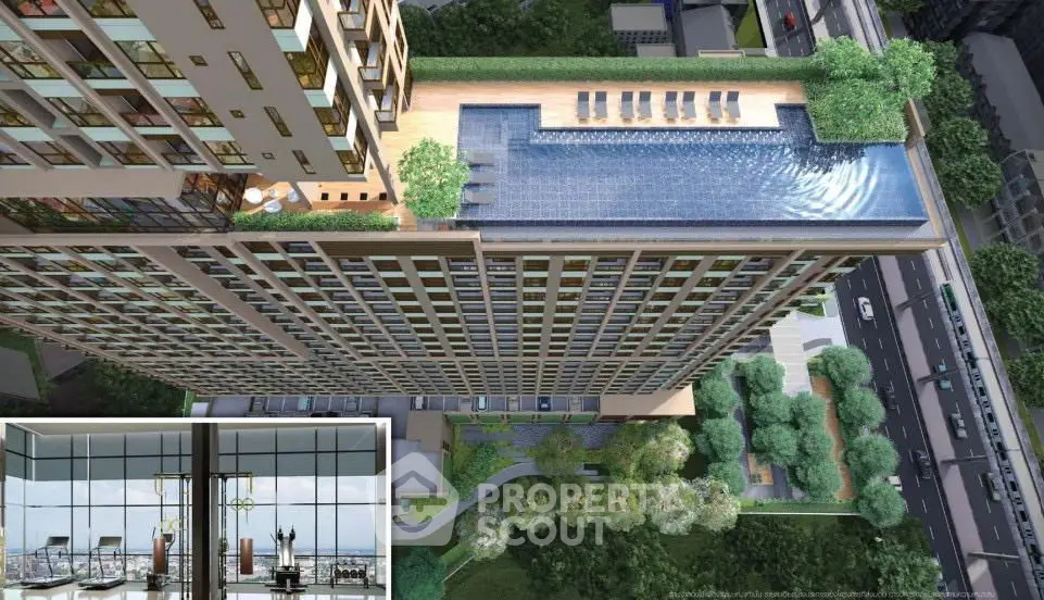 Luxurious high-rise building with stunning rooftop pool and city views