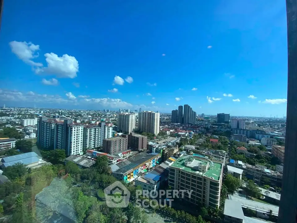 Stunning cityscape view from high-rise building with clear blue sky and urban landscape.