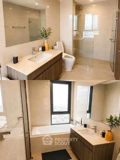 Modern bathroom with sleek fixtures, large mirror, and natural light from window.