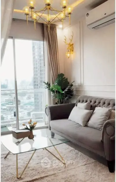 Luxurious living room with elegant chandelier and city view