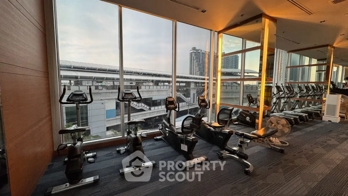 Modern gym with exercise bikes and city view through large windows
