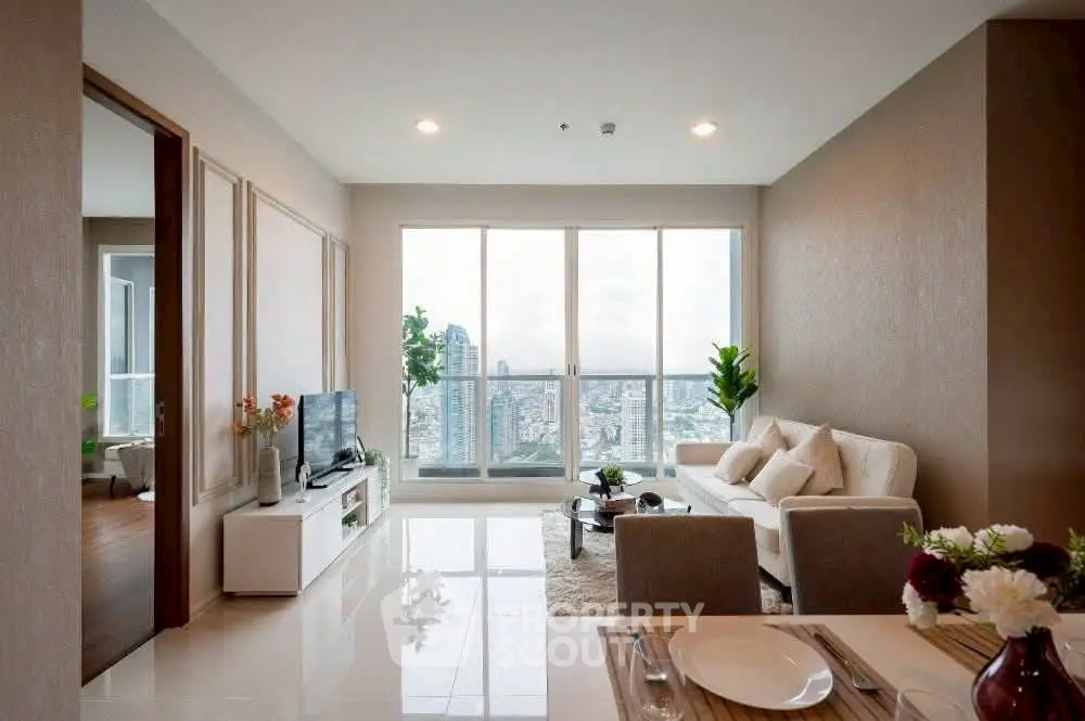Spacious modern living room with panoramic city view and elegant decor