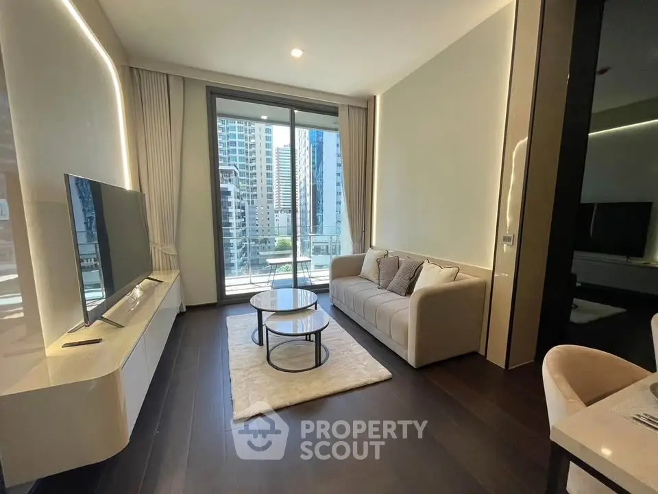 Modern living room with sleek design and city view balcony