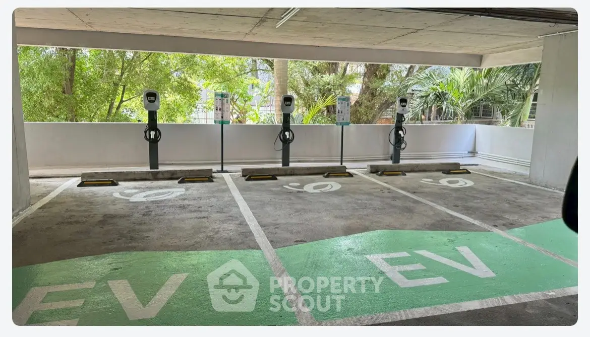 Modern parking area with electric vehicle charging stations surrounded by lush greenery.
