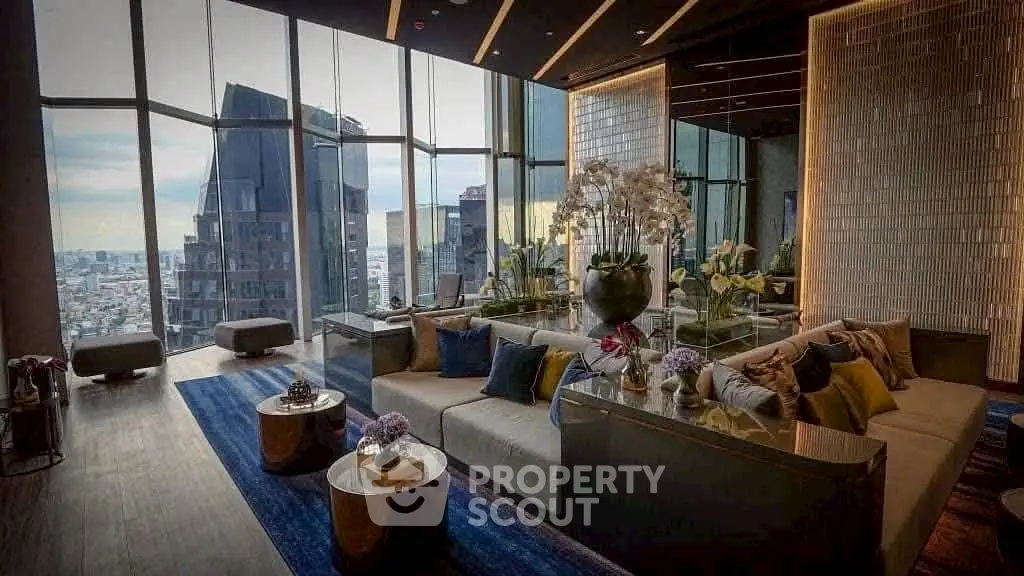 Luxurious living room with panoramic city view and modern decor