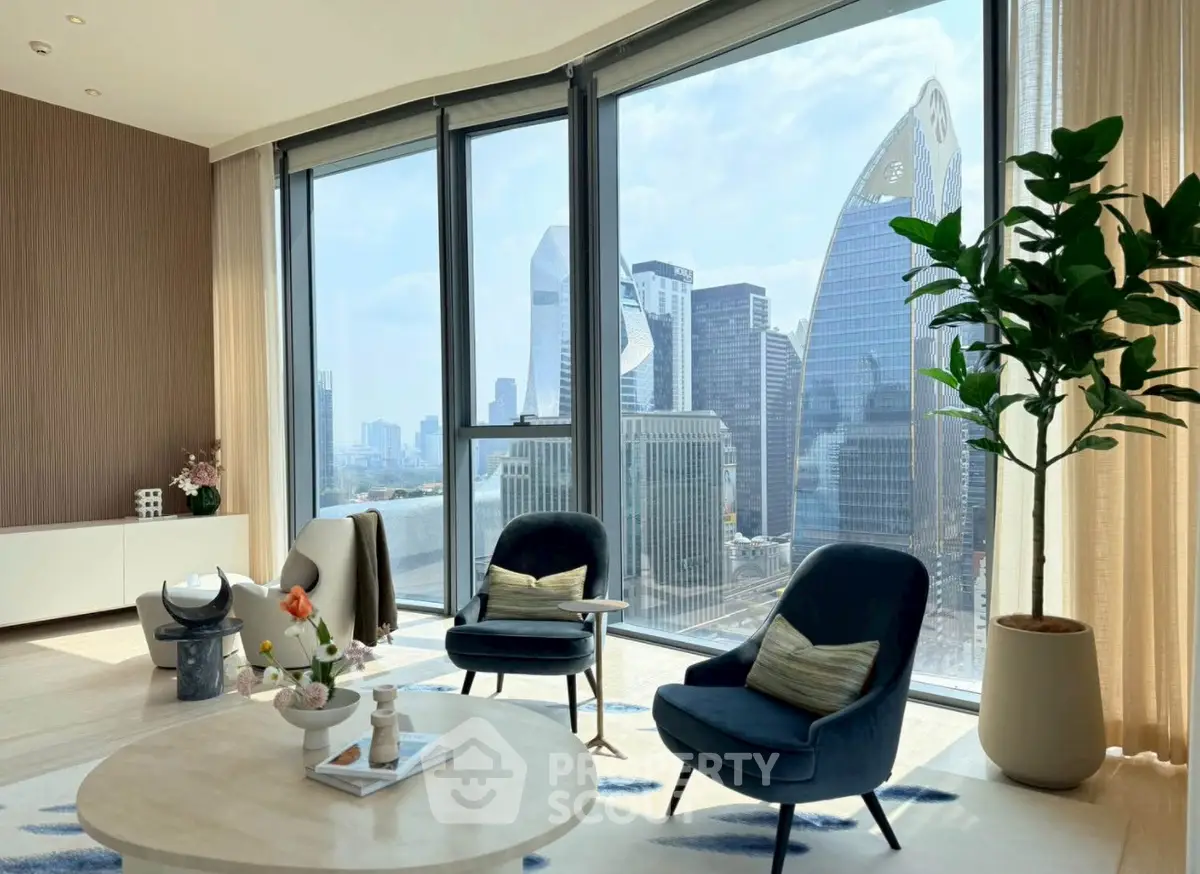 Luxurious living room with stunning city view and modern decor