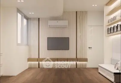 Modern living room with sleek design and wall-mounted TV