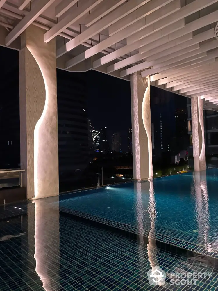 Luxurious rooftop pool with stunning city skyline view at night