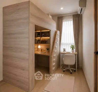 Modern study room with loft bed and workspace, featuring natural wood finishes and cozy lighting.