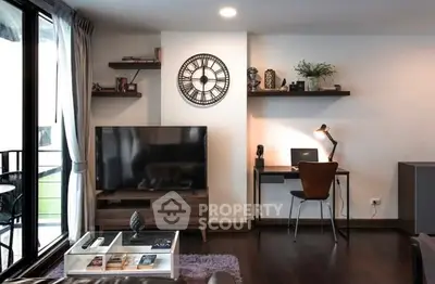 Modern living room with stylish decor and balcony view