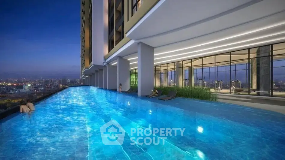Luxurious rooftop infinity pool with stunning city skyline view at night.