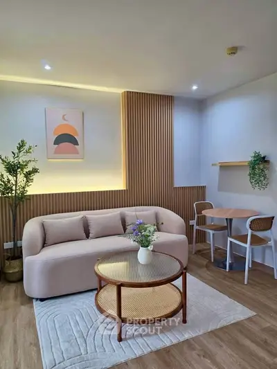 Modern living room with stylish decor and cozy seating area
