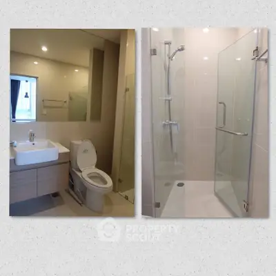 Modern bathroom with glass shower and sleek fixtures in contemporary apartment.