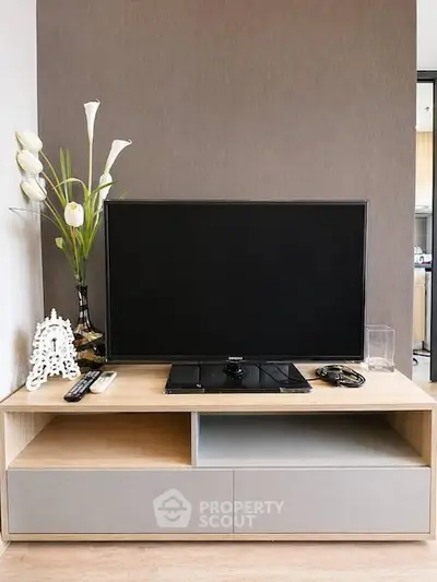 Modern living room with sleek TV stand and elegant decor