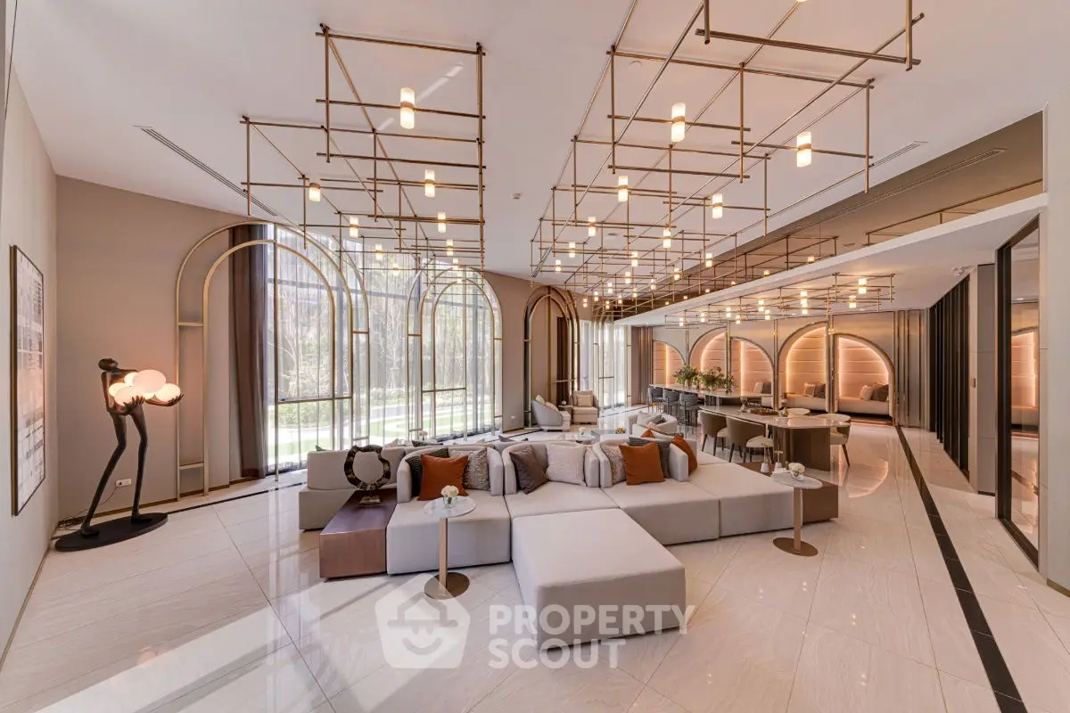 Luxurious modern living room with elegant lighting and spacious design