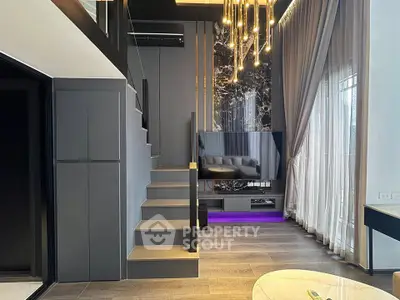 Luxurious modern living room with high ceilings and elegant lighting