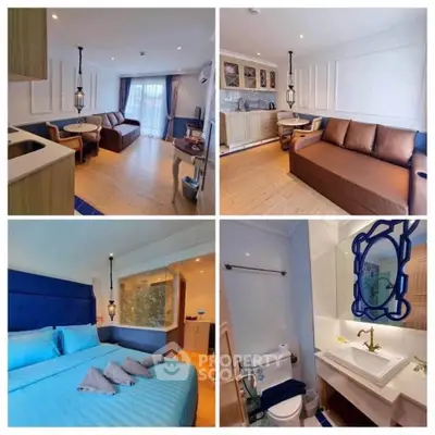 Stylish modern apartment with cozy living room, elegant bedroom, and chic bathroom design.