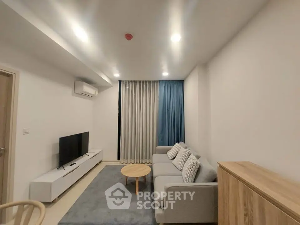 Modern living room with cozy gray sofa, stylish TV unit, and elegant curtains in a minimalist apartment.
