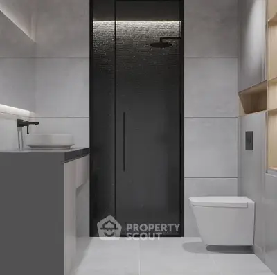 Modern minimalist bathroom with sleek fixtures and elegant shower design.