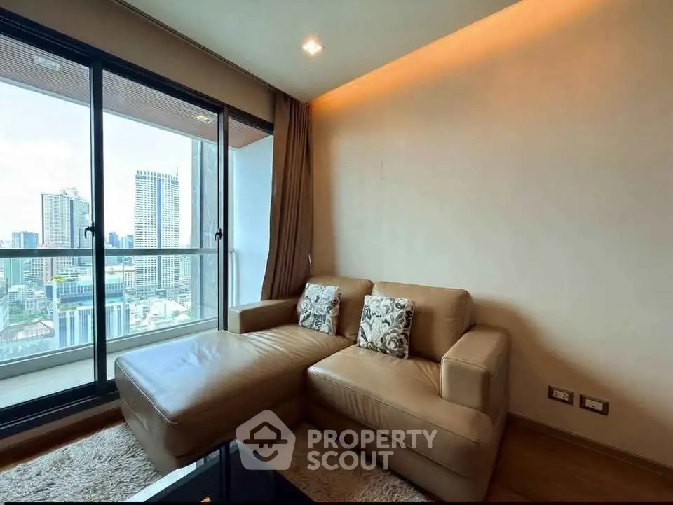 Modern living room with city view and stylish furniture in high-rise apartment