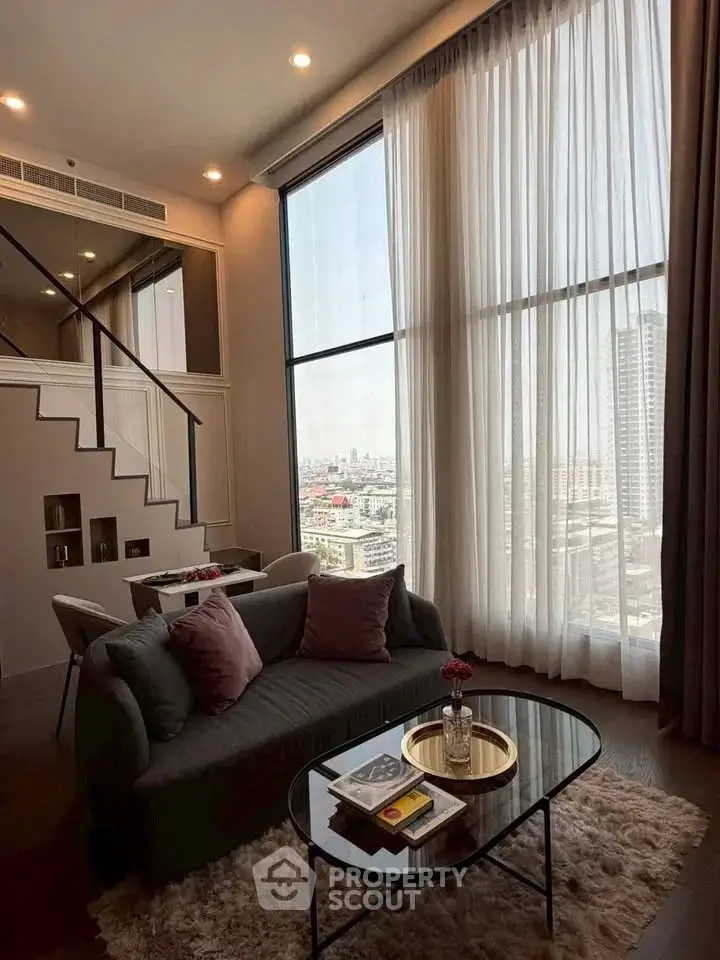 Luxurious high-rise living room with stunning city view and elegant decor