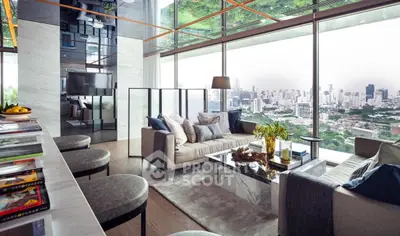 Luxurious modern living room with panoramic city view and elegant decor