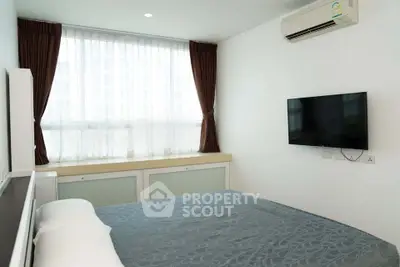 Modern bedroom with large window, air conditioning, and wall-mounted TV