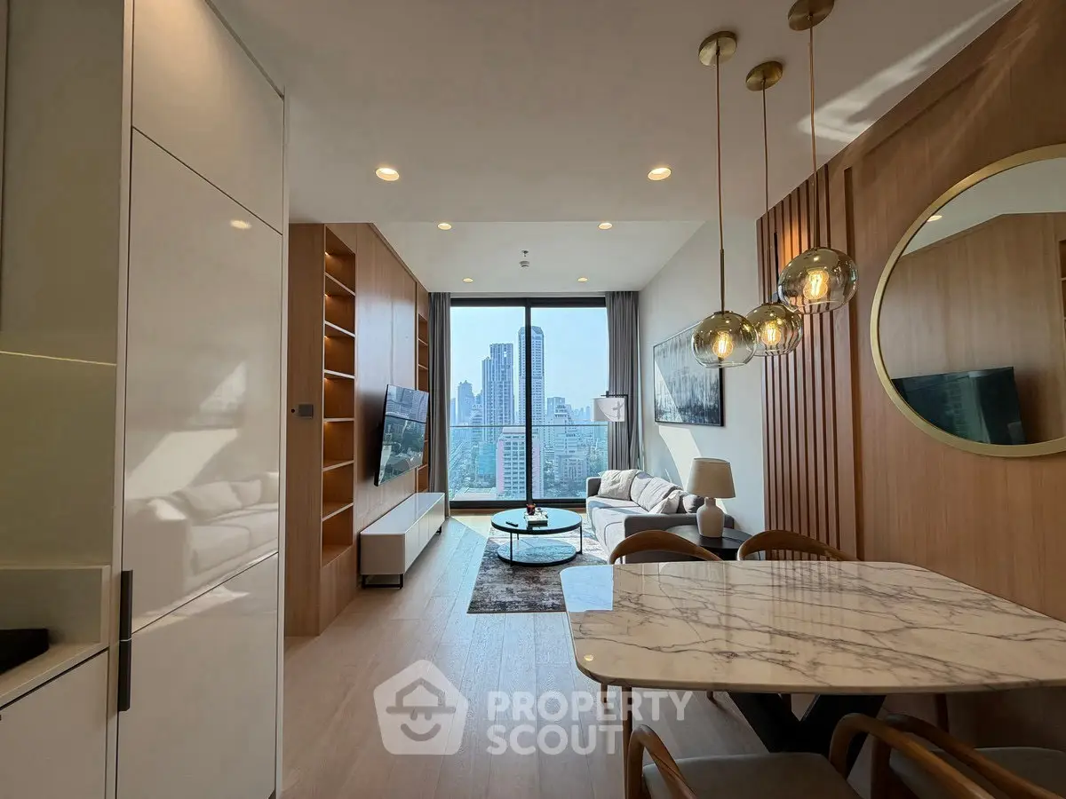 Luxurious modern living room with city view, elegant decor, and stylish lighting