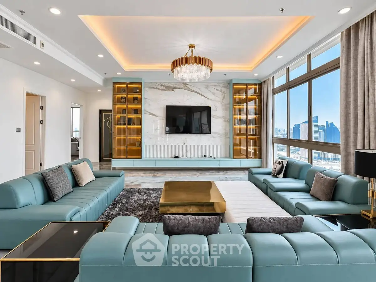 Luxurious modern living room with panoramic city views and elegant furnishings