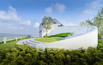 Stunning rooftop garden with modern architecture and panoramic city views.