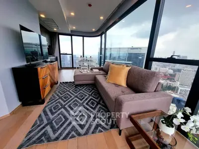 Luxurious living room with panoramic city views and modern decor