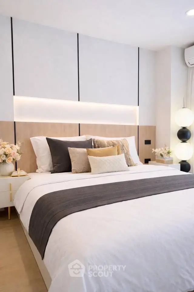 Luxurious modern bedroom with elegant decor and ambient lighting