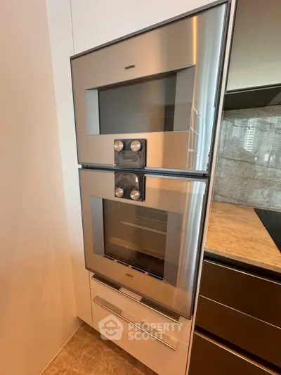 Modern kitchen with sleek built-in double oven and stylish cabinetry