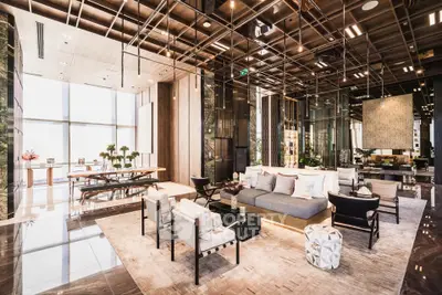 Luxurious modern living room with elegant decor and panoramic windows