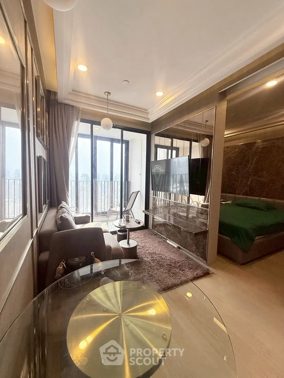 Luxurious modern living room with city view and elegant decor