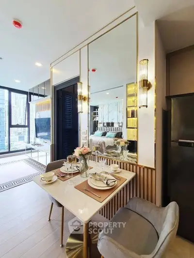 Luxurious modern dining area with elegant decor and city view, perfect for urban living.