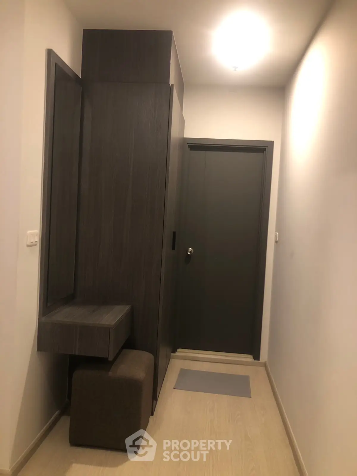 Modern hallway with sleek wooden furniture and soft lighting