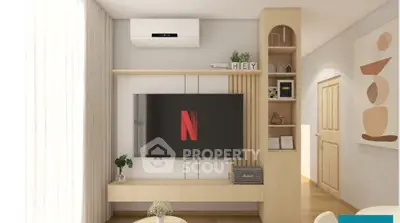 Modern living room with stylish TV setup and air conditioning