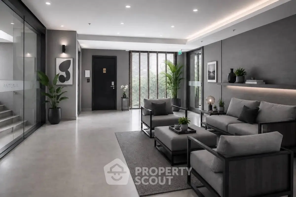 Luxurious modern lobby with sleek furniture and ambient lighting in a contemporary building.