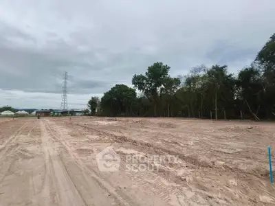 Expansive vacant land plot with potential for development, surrounded by trees and open sky.