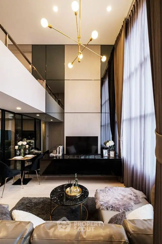 Luxurious modern living room with high ceilings and elegant decor