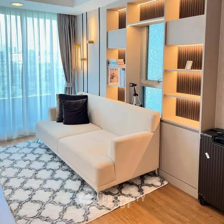 Modern living room with elegant sofa and stylish shelving