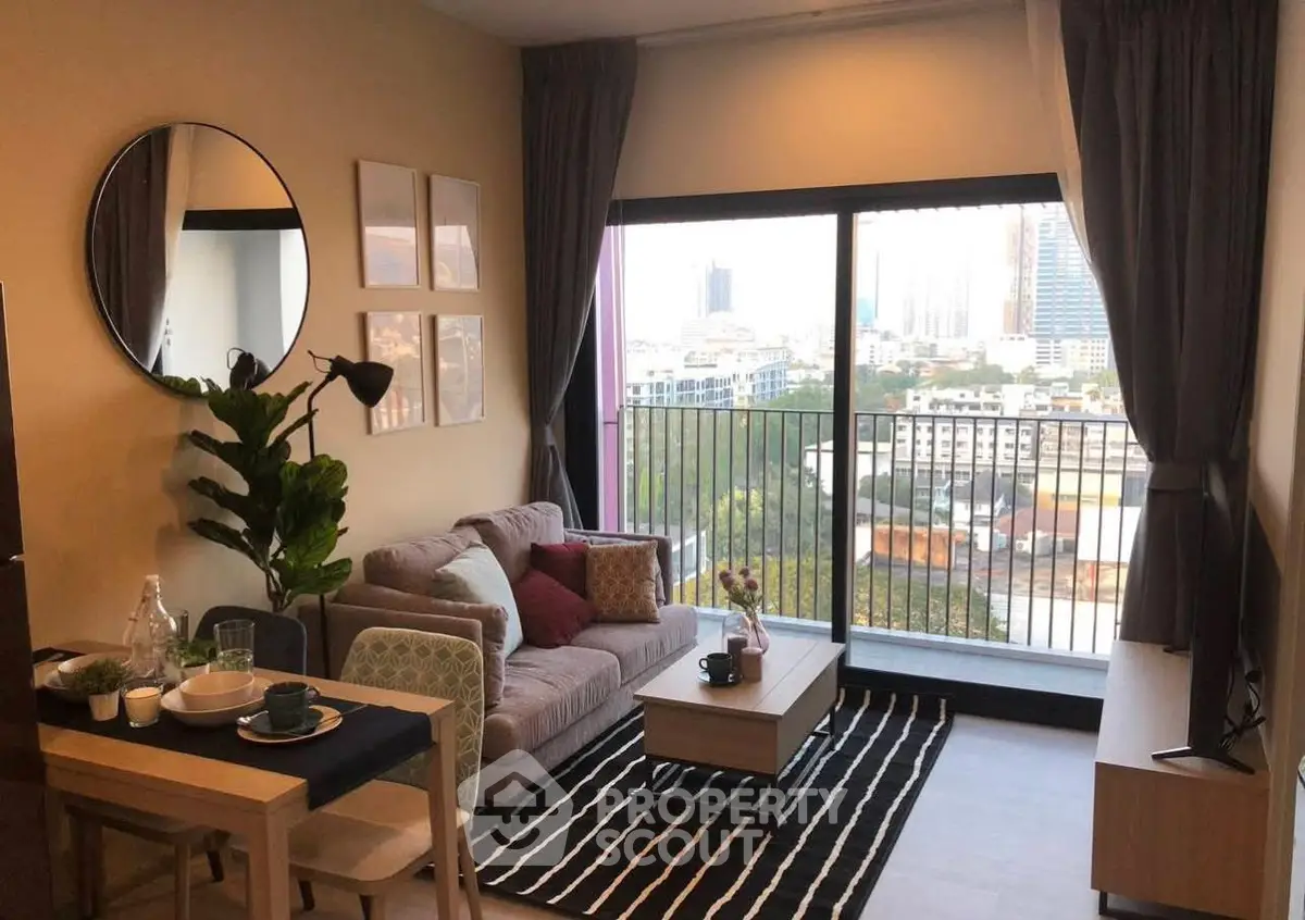 Modern living room with city view and stylish decor