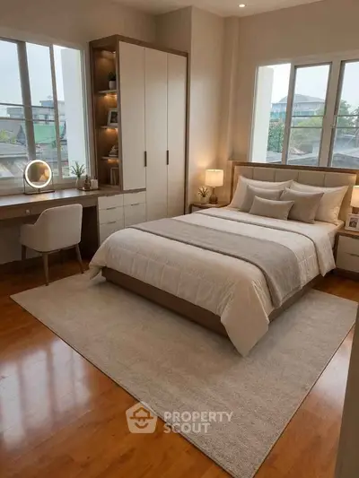 Spacious and elegant bedroom with large windows and modern decor
