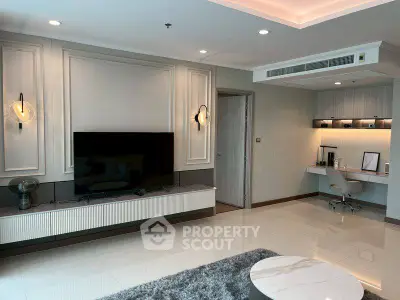 Modern living room with sleek TV setup and stylish workspace