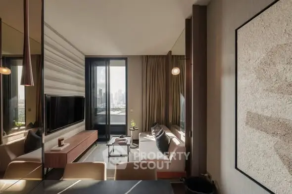 Modern living room with city view, stylish decor, and natural light.