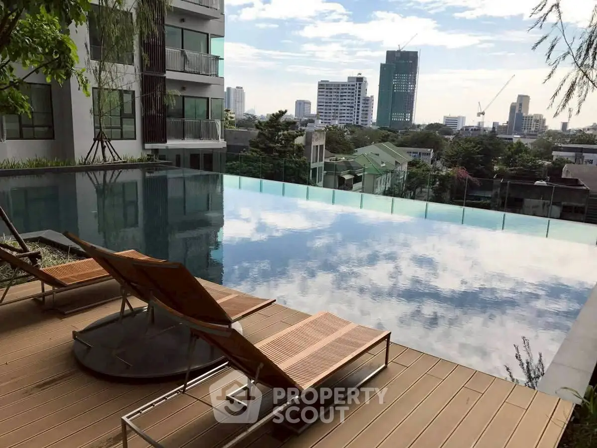 Luxurious rooftop infinity pool with stunning city skyline view, perfect for relaxation and leisure.