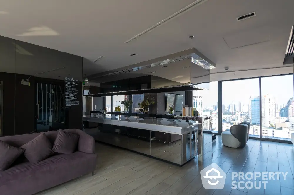 Luxurious modern living room with panoramic city view and stylish decor