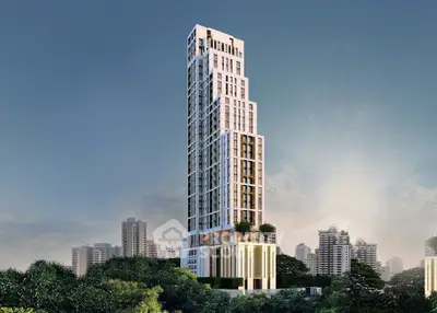 Stunning modern skyscraper with lush greenery and city skyline backdrop